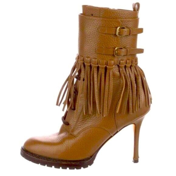 VALENTINO boot bootie brown size 7 EU 37 fringe leather moto heel lug sole EUC